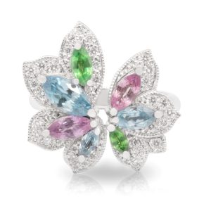 18ct White Gold 'Angelique' style Blue Zircon, Tsavorite Garnet, Pink Sapphire and Diamond Dress Ring