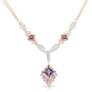9ct Rose and White Gold Asscher cut Amethyst and Diamond Pendant with fixed Amethyst and Diamond Art Deco Link features on a Double Trace Link Design