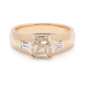 18ct Rose and White Gold 2.01ct Asscher cut C2/VVS2 centre Diamond flanked by a pair of baguette F/VS Diamonds. TDW 2.39ct
