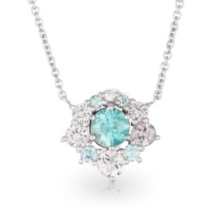 18ct White Gold Blue Zircon, Diamond and Spinel Cluster Pendant on an 18ct White Gold 50cm Trace Chain