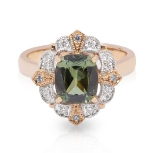 18ct Rose and White Gold 3.20ct Australian Cushion Cut Parti Sapphire and Art Deco Diamond Halo Ring