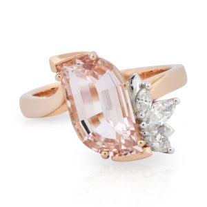 18ct Rose and White Gold Flame Cut Morganite and Diamond Asymmetrical style ring