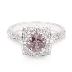 18ct White Gold 0.95ct Mauve Spinel and Diamond Halo 0.34ct Floral Ring