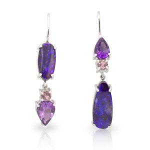 9ct White Gold Opal, Amethyst and Pink Spinel Drop Asymmetrical Earrings