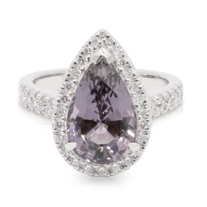 18ct White Gold Grey Spinel Pear shaped 4.22ct Grey Spinel and Diamond Halo Ring
