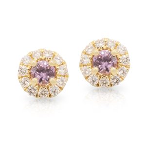 18ct Yellow Gold Round Pink Sapphire and Diamond Halo Studs