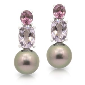 9ct White Gold Mauve, Grey and Tahitian Pearl Drop Earrings